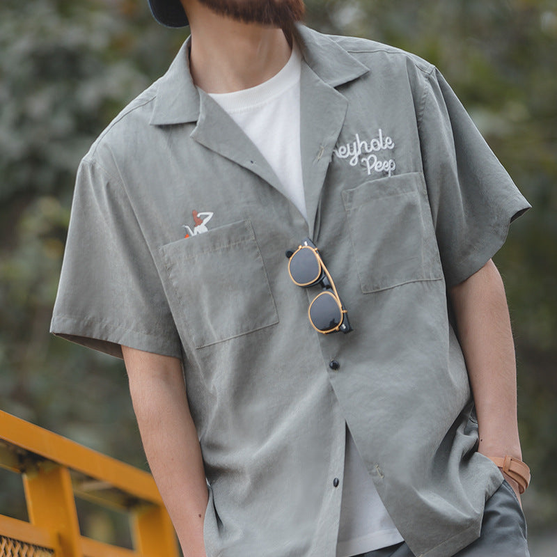 美式復古寬松古巴領短袖襯衫阿美咔叽春夏疊穿V領襯衣