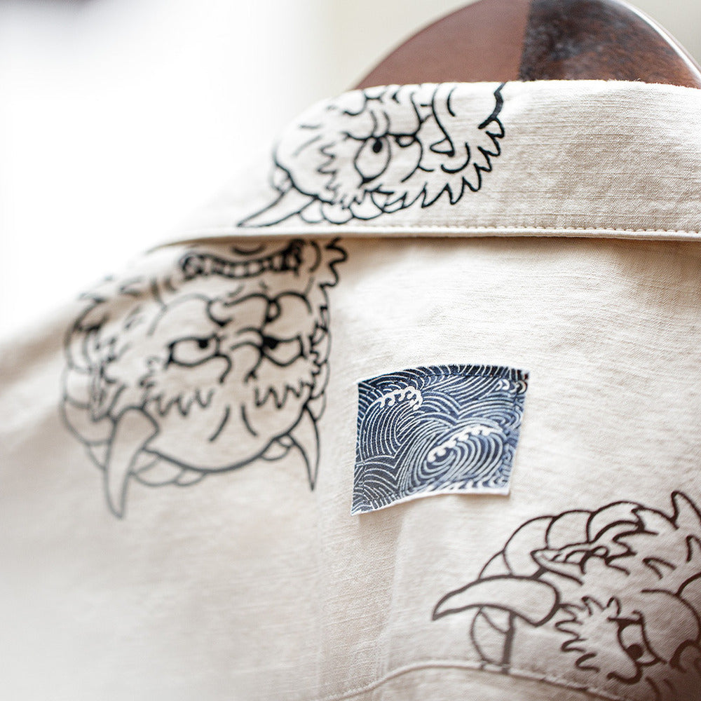 復古建禦雷神印花襯衫純棉麻感寬鬆米色短袖襯衣