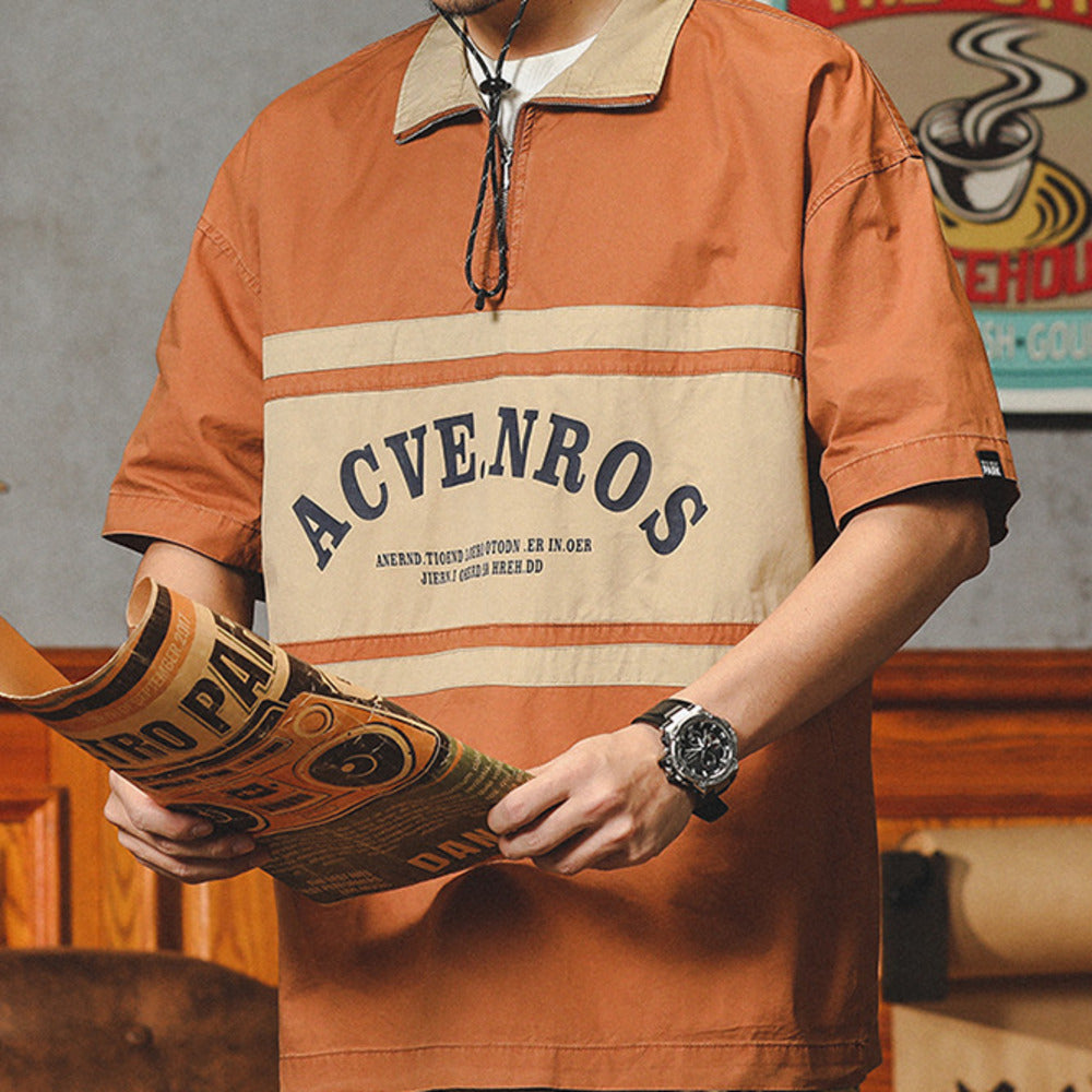 美式復古半拉鏈襯衫男短袖polo衫潮牌寬松休閑襯衣t恤男夏季