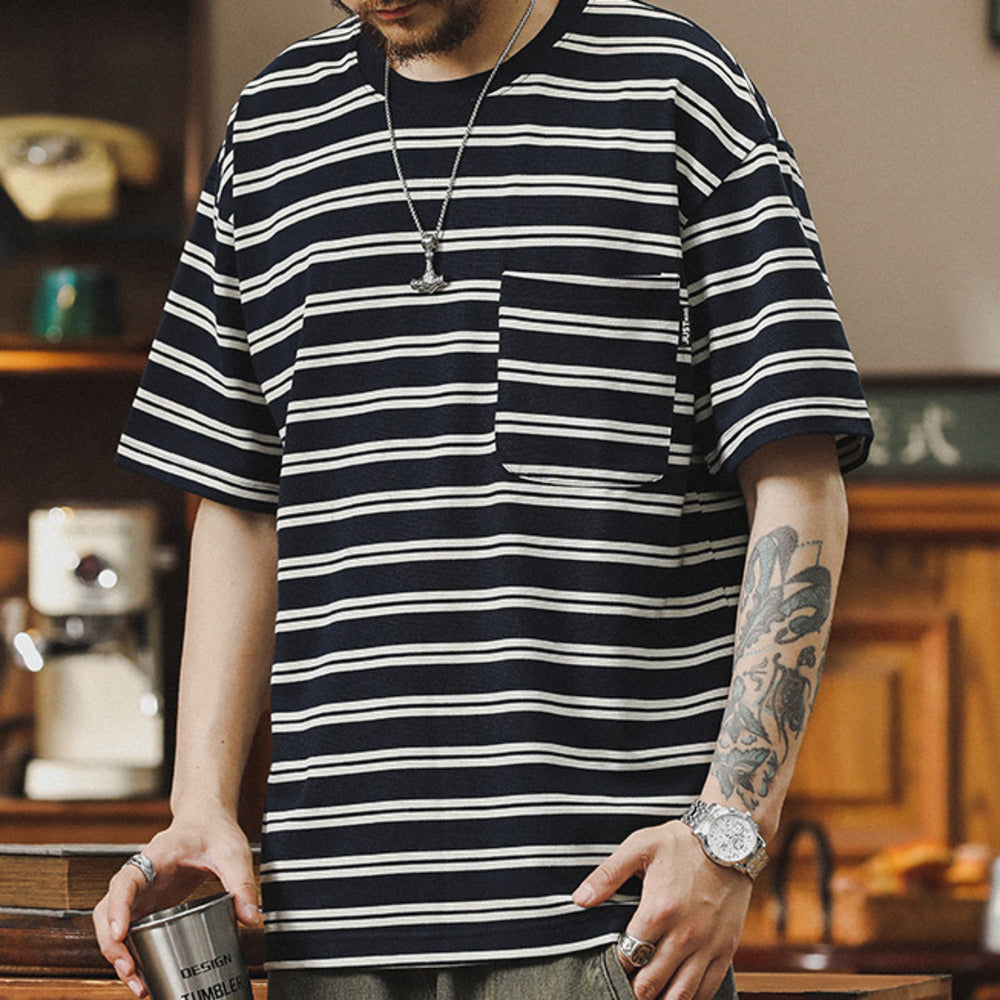 夏季新款條紋t恤男短袖寬松圓領五分袖美式復古圓領口袋體恤