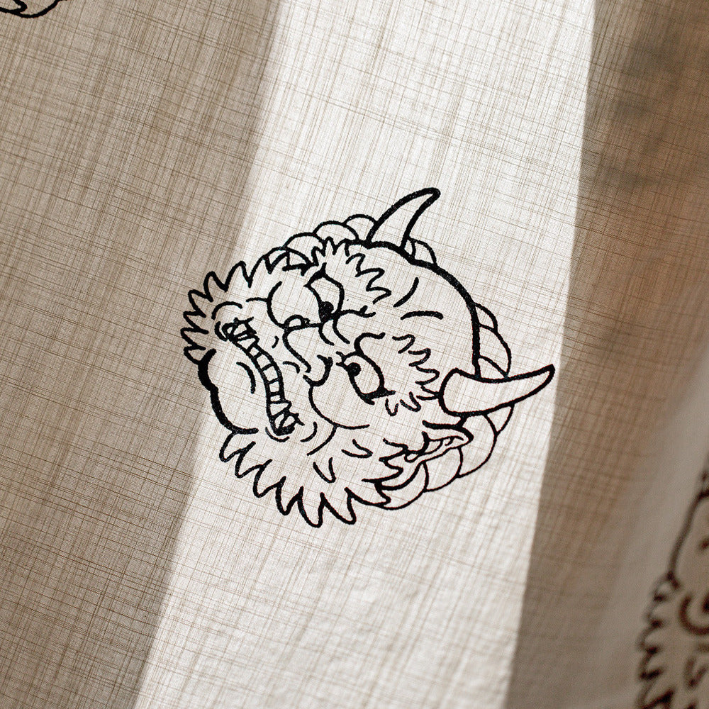 復古建禦雷神印花襯衫純棉麻感寬鬆米色短袖襯衣