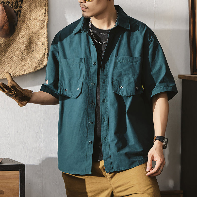 純棉復古大碼工裝外套夏季戶外美式街頭半袖襯衣