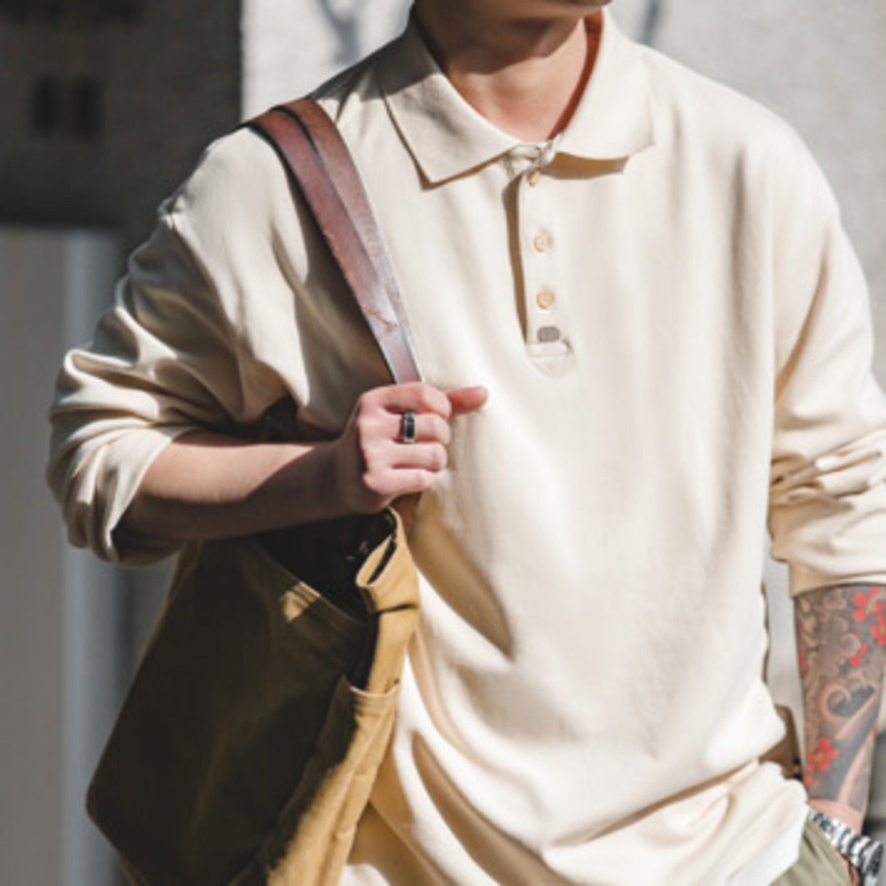 復古基礎款長袖polo衫純色寬鬆百搭打底翻領T恤男秋
