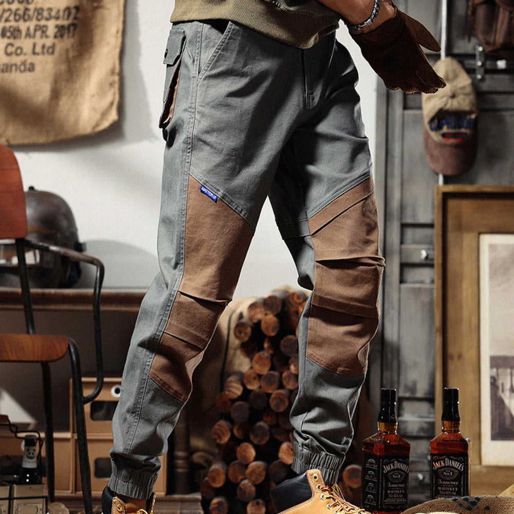 美式工裝褲男春季復古哈倫褲男士軍事風拼接褲