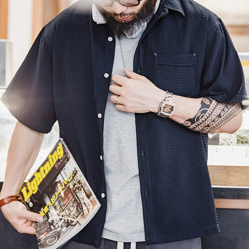 美式休閑華夫格短袖襯衫免燙抗皺肌理感透氣襯衣