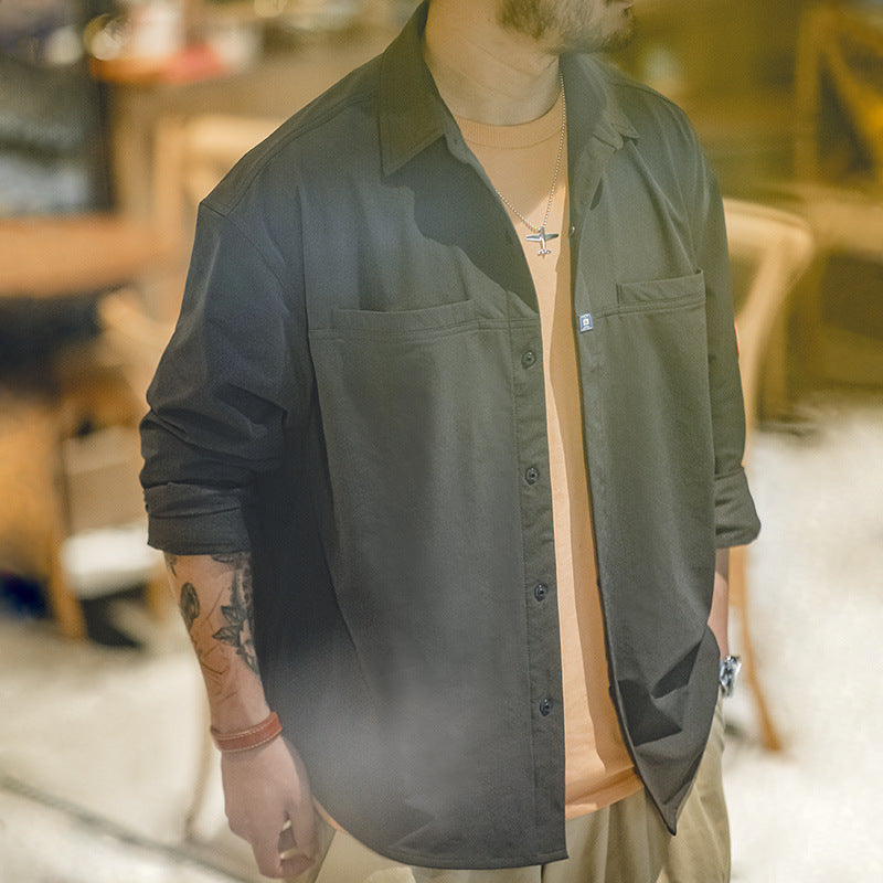 山系深灰口袋襯衫美式休閑寬松長袖襯衣疊穿外套