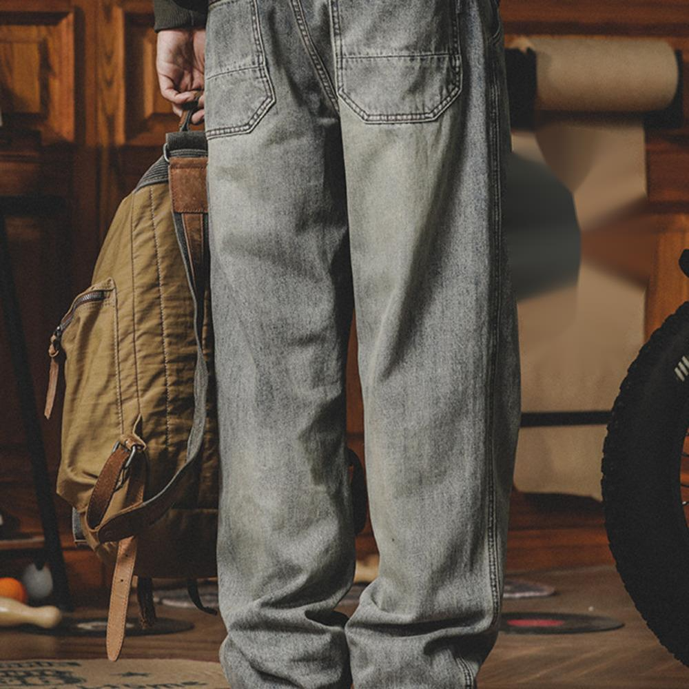 美式黃泥染牛仔褲男水洗做舊直筒寬松大碼闊腿褲休閑工裝褲子