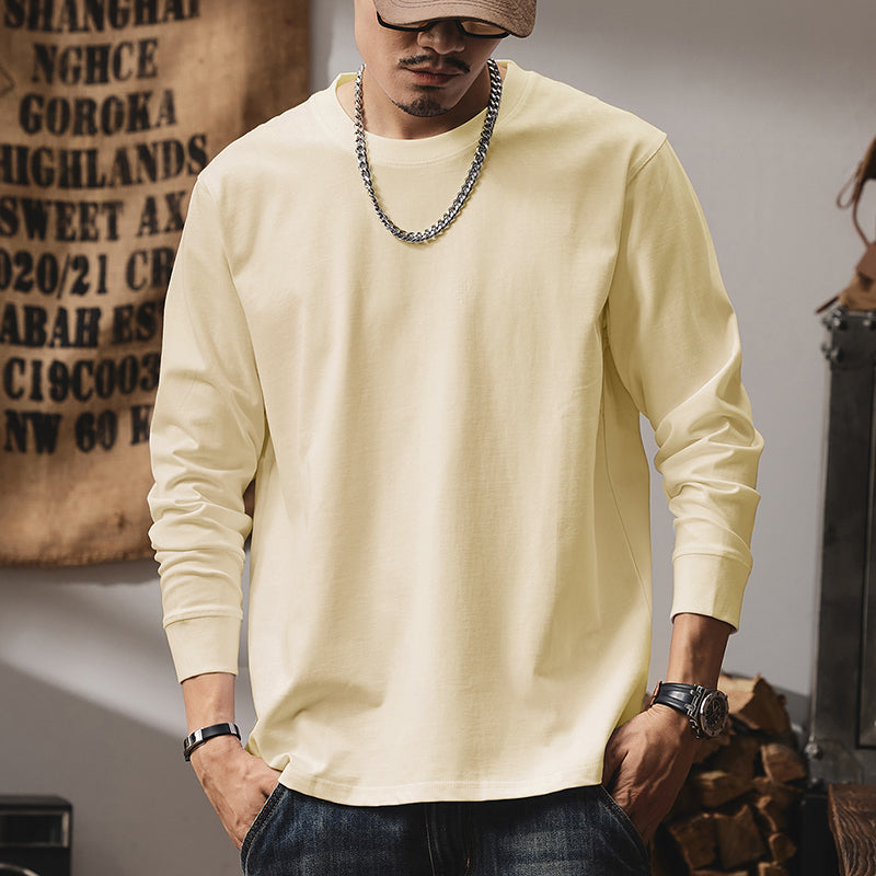 280G雙紗棉長袖t恤男款春秋美式復古衛衣寬松白色打底衫