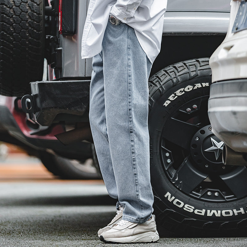 美式復古水洗丹寧牛仔春秋深藍色寬松闊腿長褲