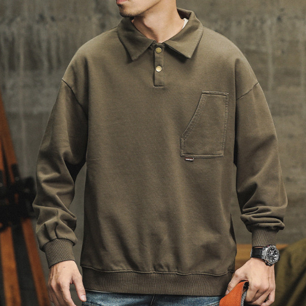 美式Polo衫男長袖新品潮牌寬松休閑復古水洗黑色翻領衛衣