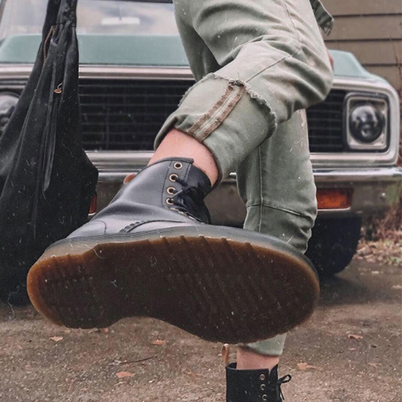 高幫皮靴子黑色英倫中幫工裝加絨鞋