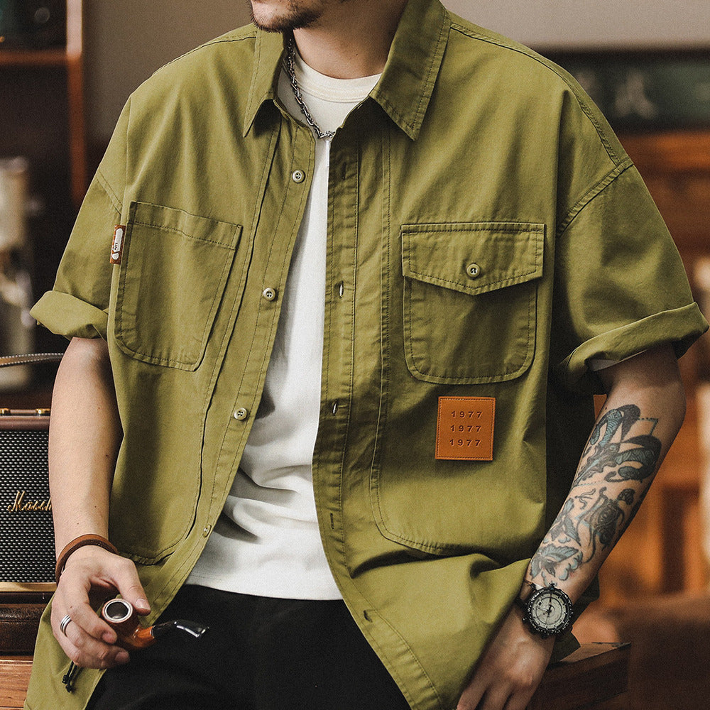 美式復古工裝短袖純棉潮牌寬松大碼五分袖休閑襯衣