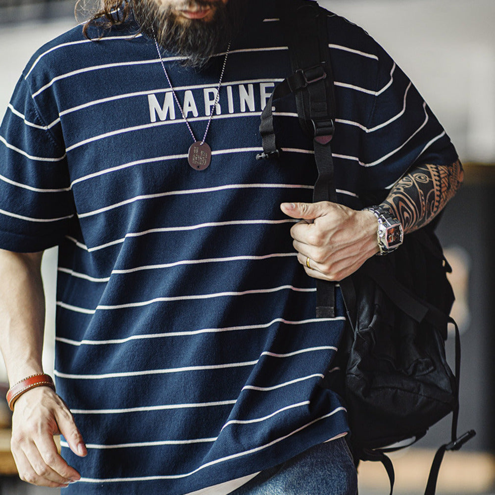 美式復古撞色條紋短袖T恤字母印花半袖海魂衫體恤男夏季