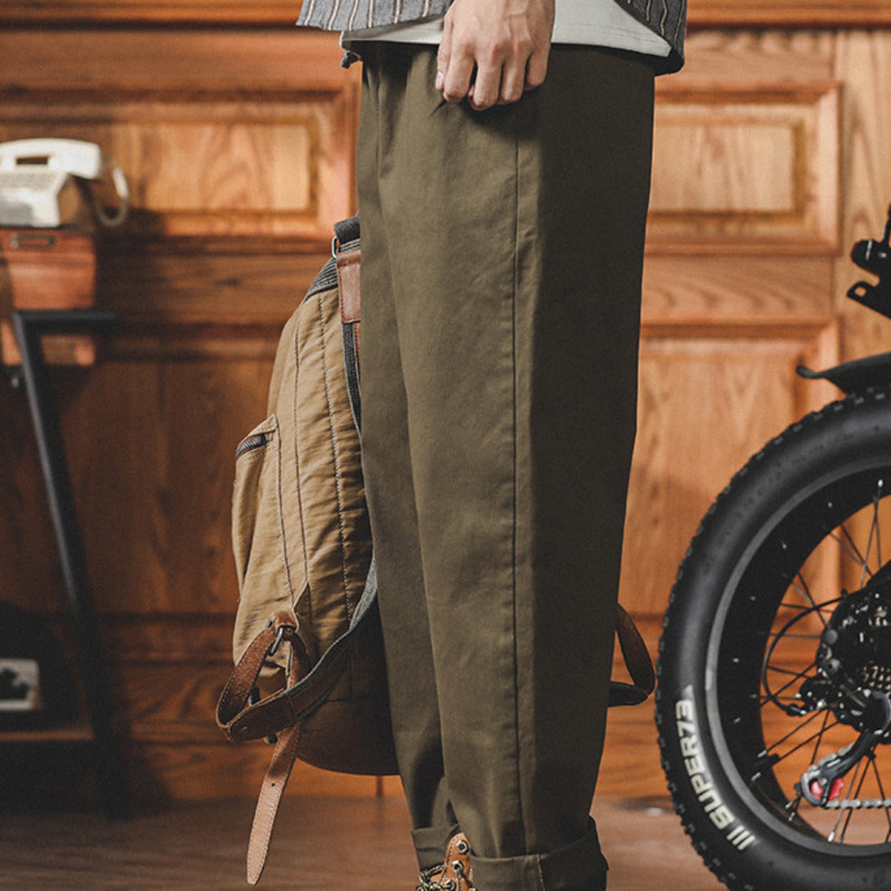 美式復古卡其色工裝褲男春秋款潮牌大碼寬松直筒休閑九分褲子