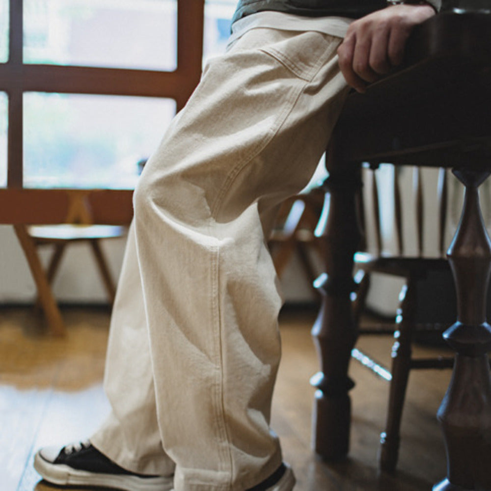 復古棉籽殼米白色牛仔褲寬松直筒工裝休閑長褲