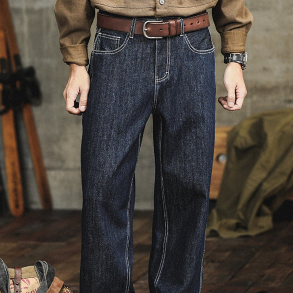 活性染原色牛仔美式赤耳丹寧牛仔褲男直筒寬松原牛休閑長褲子