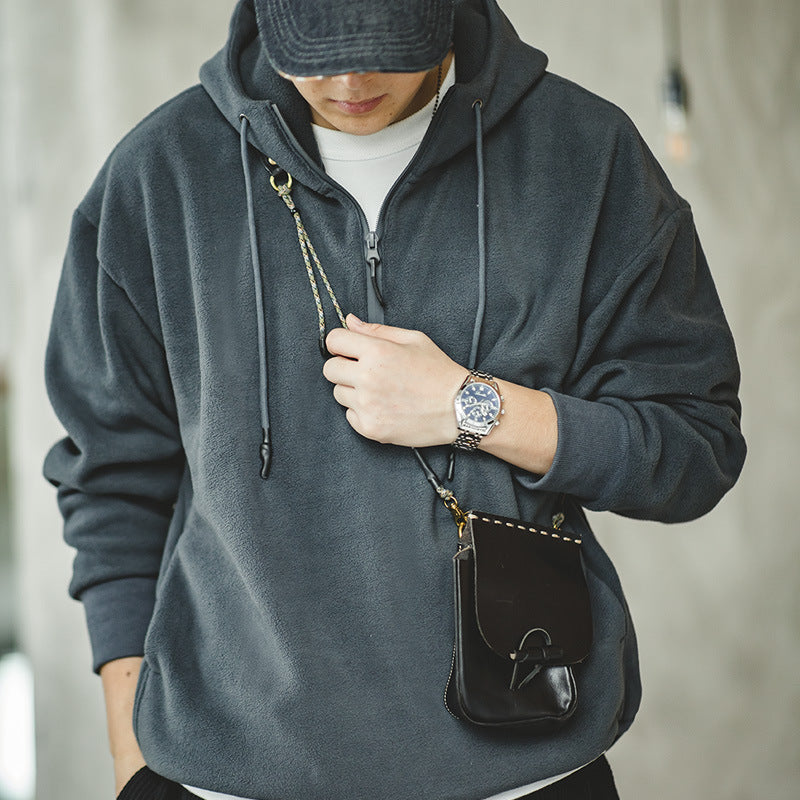復古半拉鏈抓絨衛衣保暖加絨美式套頭帽衫外套