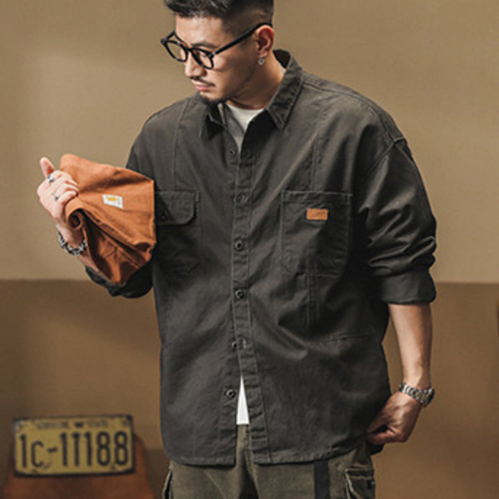 美式復古長袖襯衫春秋季款純棉休閑工裝襯衣外套