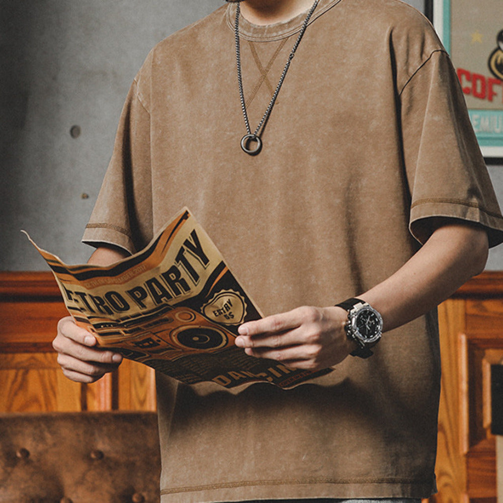 美式復古水洗t恤男短袖夏季寬松大碼潮牌潮流半截袖純棉體恤