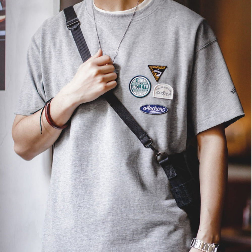 美式休閑刺繡徽章短袖t恤設計感純棉圓領五分袖Tee男夏季