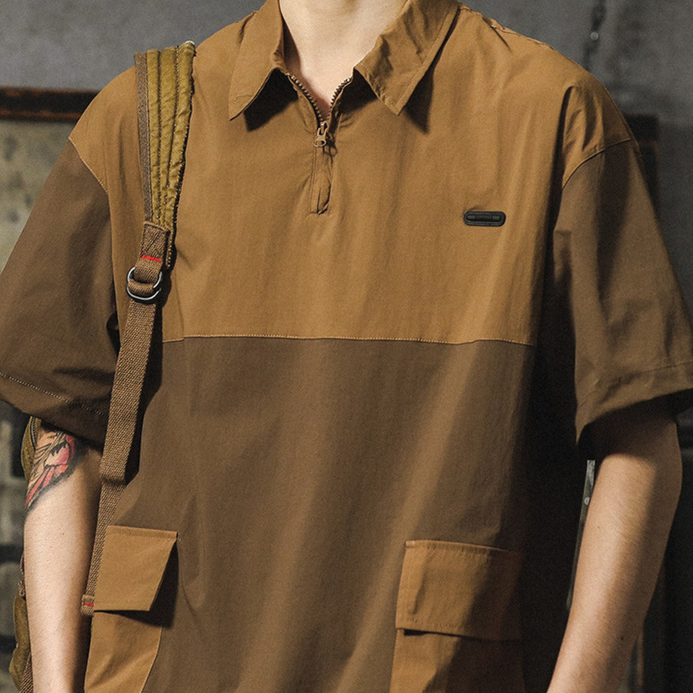 美式休閑速幹男t恤夏天薄款冰絲短袖拼色polo衫潮牌工裝襯衫體恤