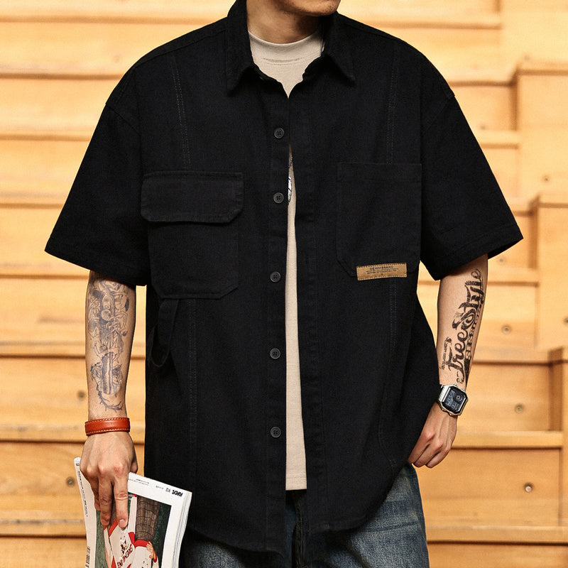 美式復古工裝襯衫男士夏季寬松山系戶外多口袋短袖襯衣外套