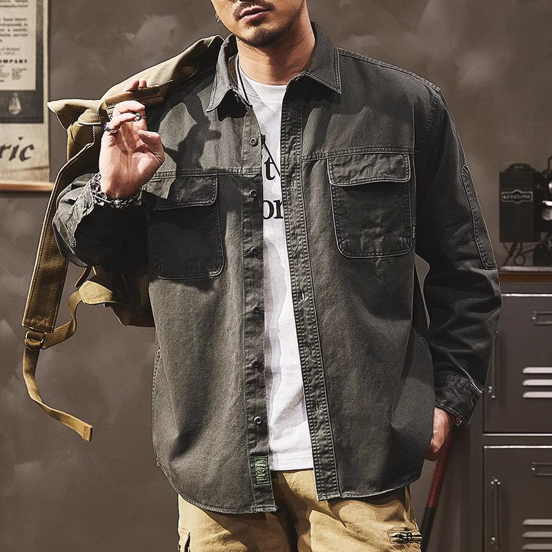 高級感春秋季工裝外套美式復古硬漢襯衣