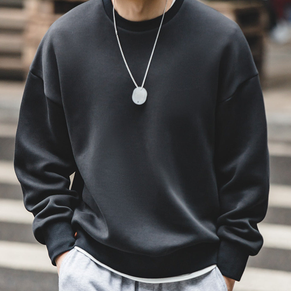 復古灰色落肩太空棉衛衣空氣層無帽圓領外套頭