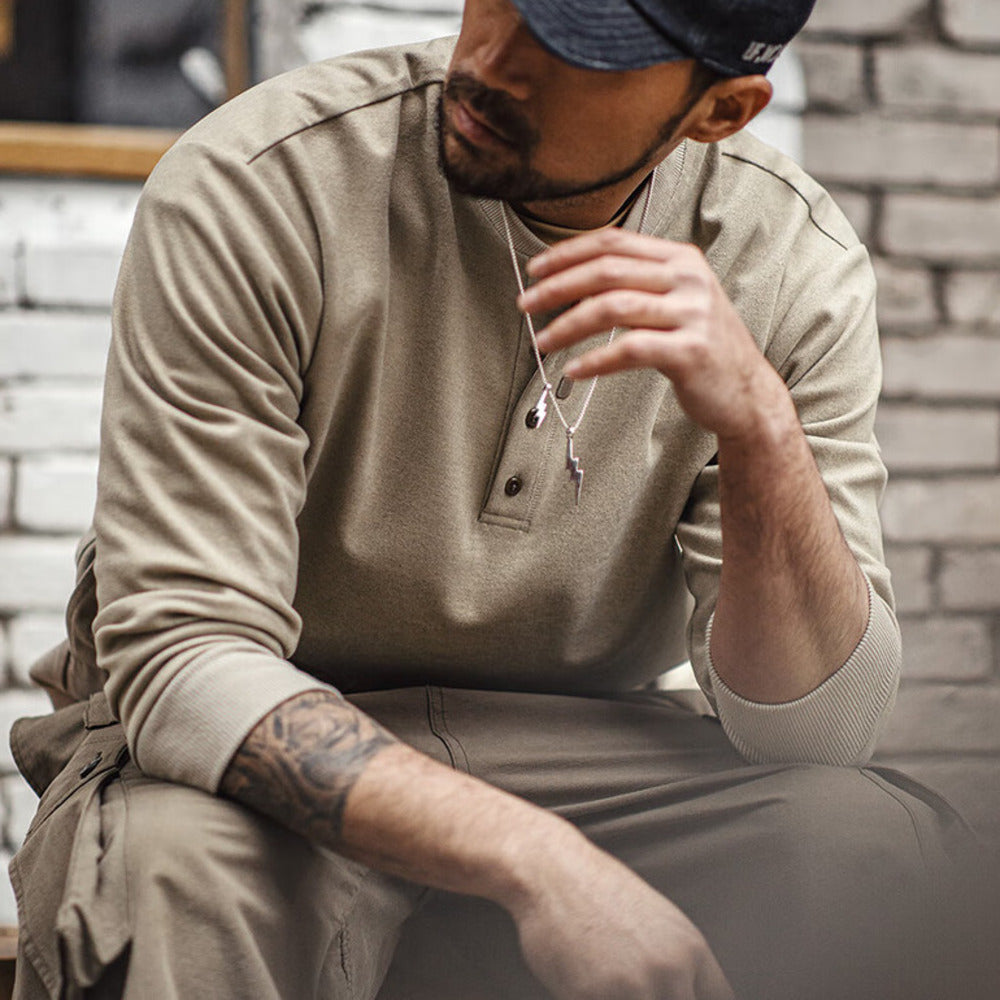 美式休閑亨利領毛呢衛衣格雷系cleanfit長袖打底衫