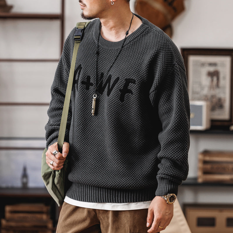 美式復古冬季潮牌字母針織衫男士寬松保暖線衣