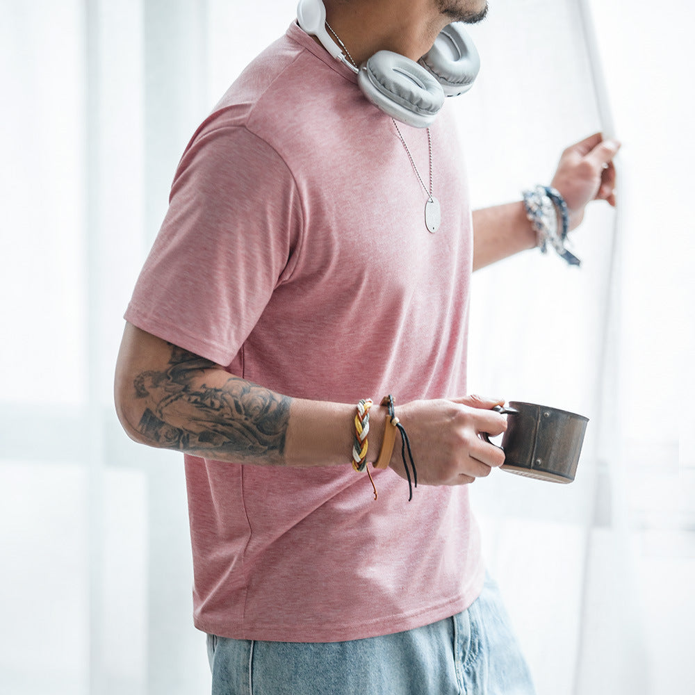 美式休閑混紡無痕短袖T恤薄款透氣純色圓領打底汗衫