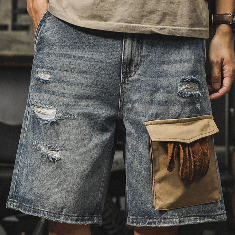 美式復古破洞牛仔短褲男設計感薄款工裝五分褲夏季寬松大碼中褲潮