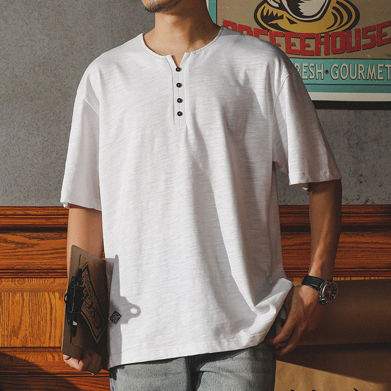 美式亨利領t恤短袖男潮牌潮流寬鬆竹節棉麻體恤衣服男款夏季