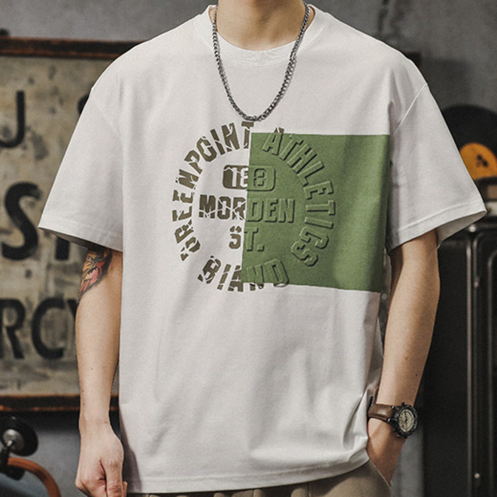美式高街撞色冰絲速幹短袖男款立體字母印花T恤夏季透氣寬松半袖