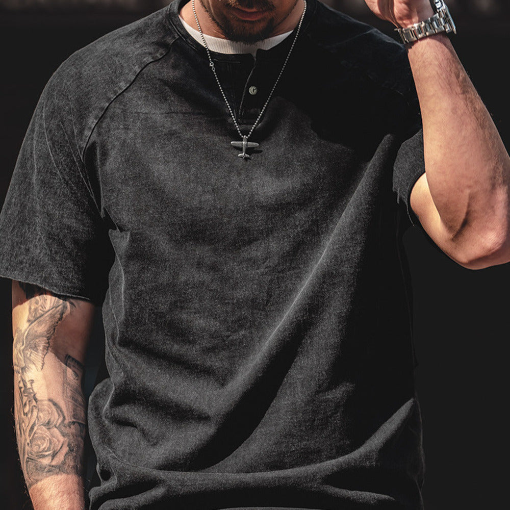 復古做舊亨利領彈力修身短袖咔叽美式硬漢T恤衫