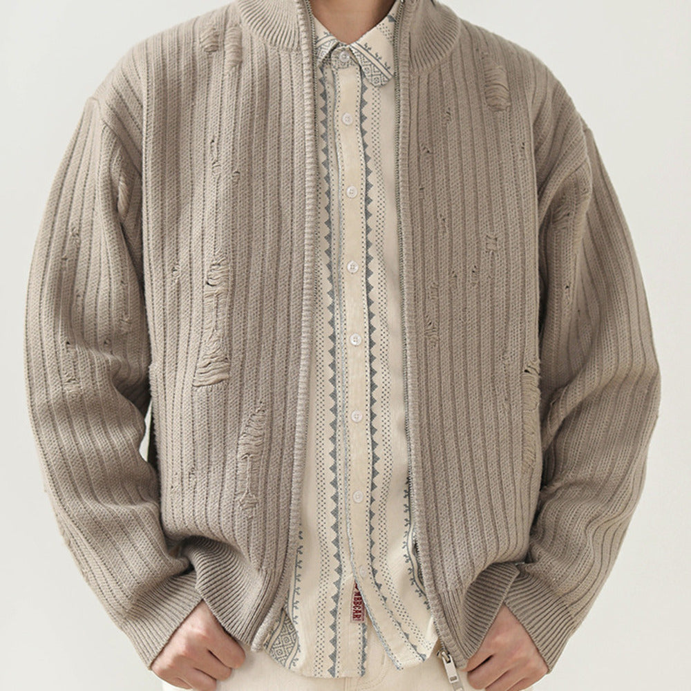 針織開衫破洞提花復古cleanfit休閑毛衣外套