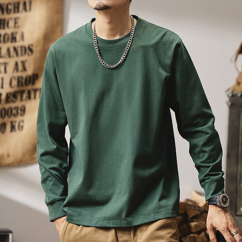 280G雙紗棉長袖t恤男款春秋美式復古衛衣寬松白色打底衫