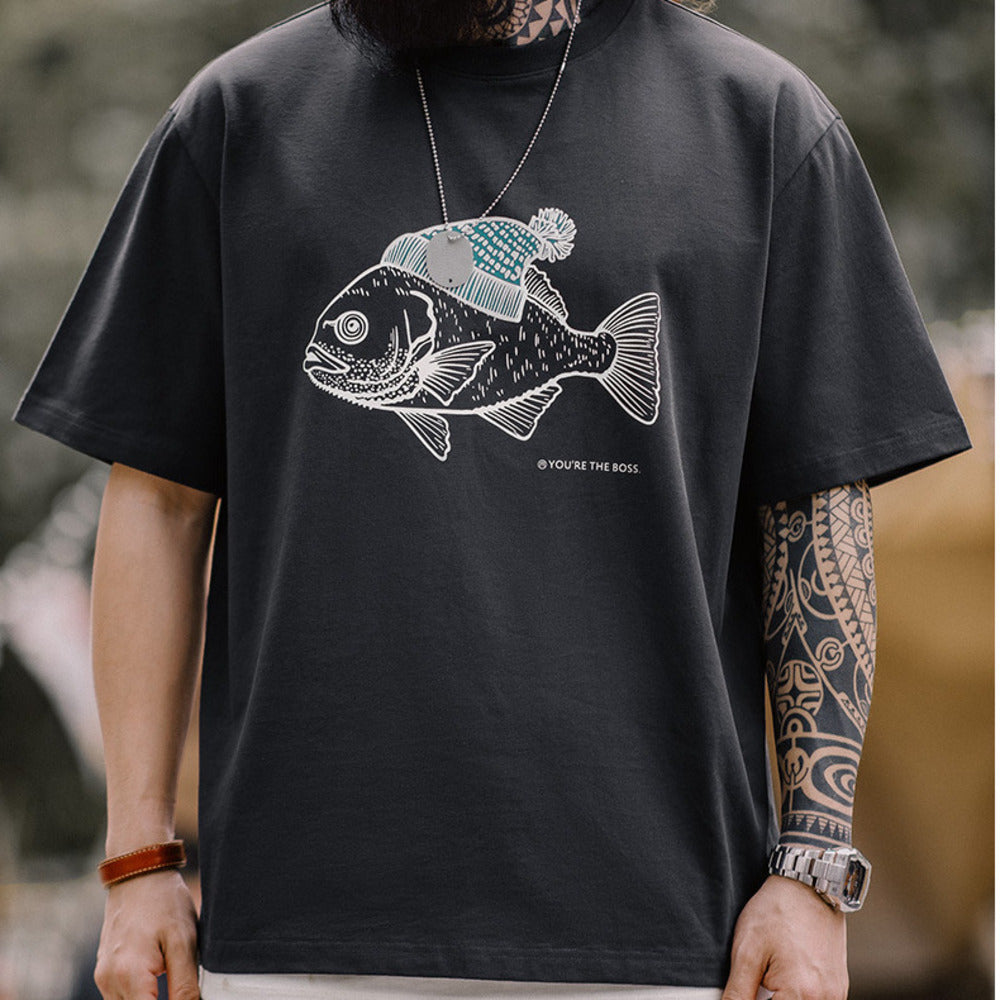 美式復古深海魚植絨印花T恤動物純棉圓領短袖體恤男夏季