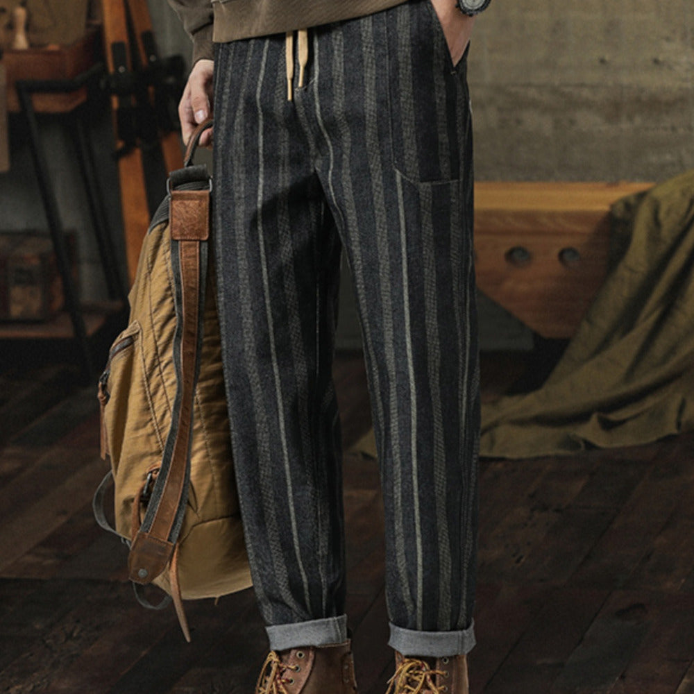 美式復古條紋休閑褲子男秋季英倫雅痞寬松直筒哈倫九分錐形褲