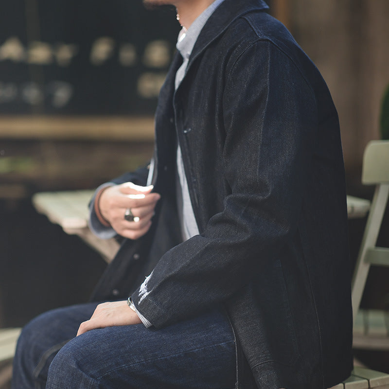 美式休閑水洗丹寧夾克阿美咔叽vintage藍色牛仔外套