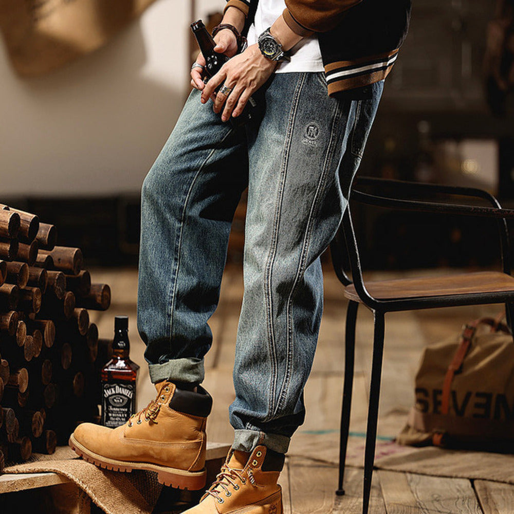 新款設計感拼接工裝長褲美式休閑水洗牛仔褲