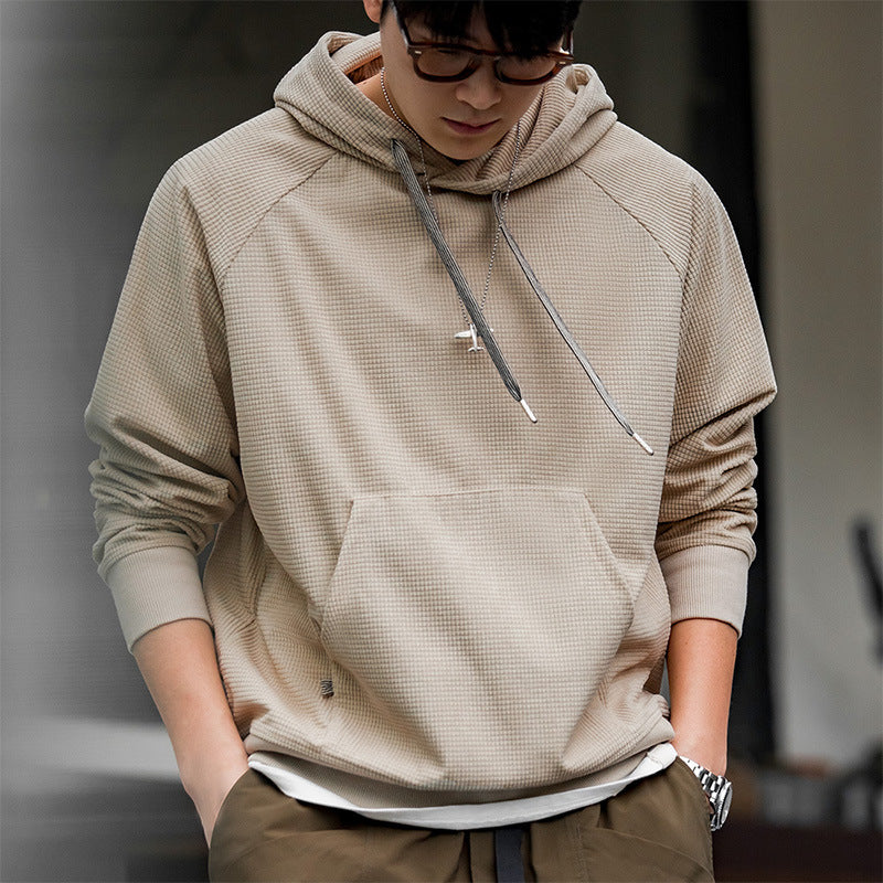 美式復古玉米粒刺繡連帽衛衣絨感百搭純色套頭衫上衣