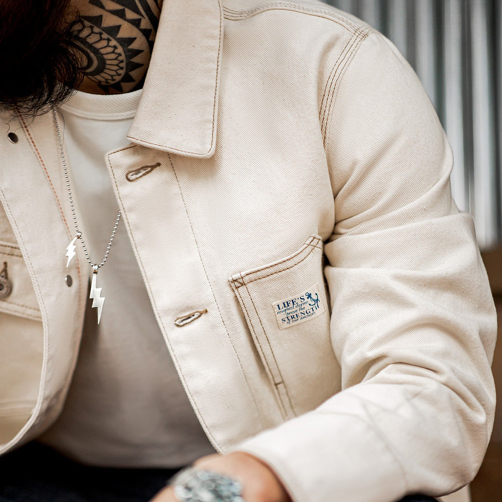 美式復古棉籽殼翻領夾克阿美咔叽多口袋上衣外套男秋