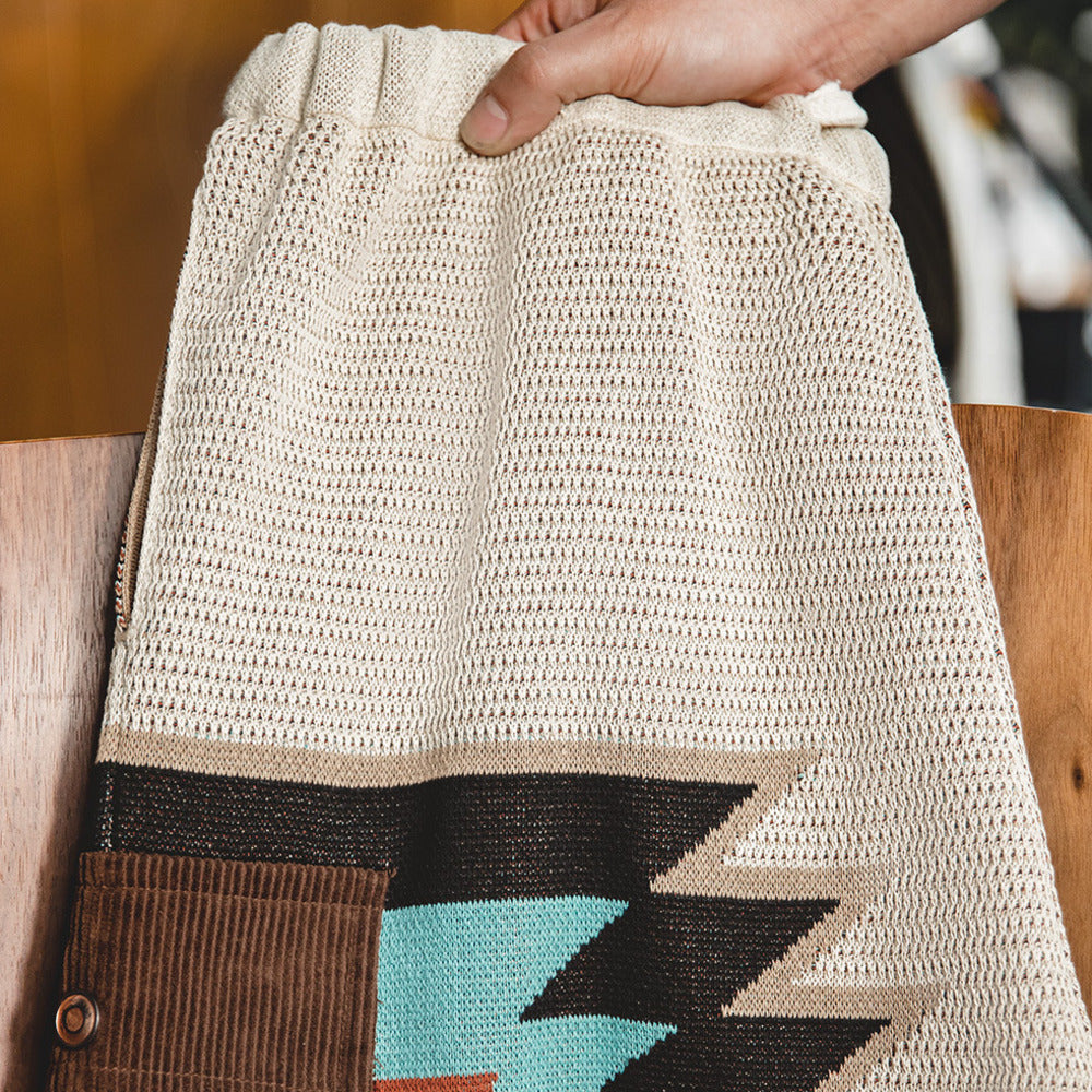 美式復古納瓦霍針織短褲撞色刺繡戶外沙灘五分衛褲