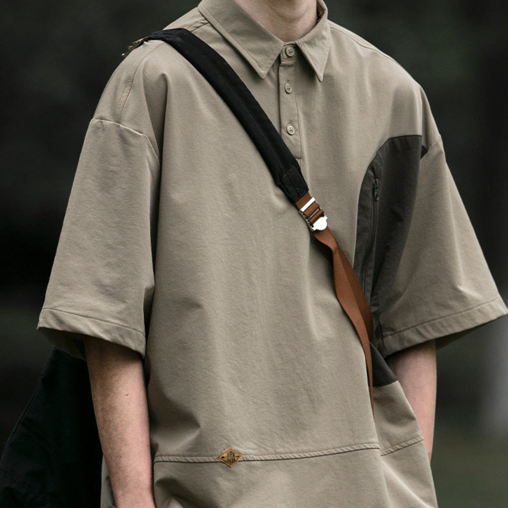 復合拼色短袖襯衫男夏季新款口袋拉鏈寬松套頭襯衣體恤