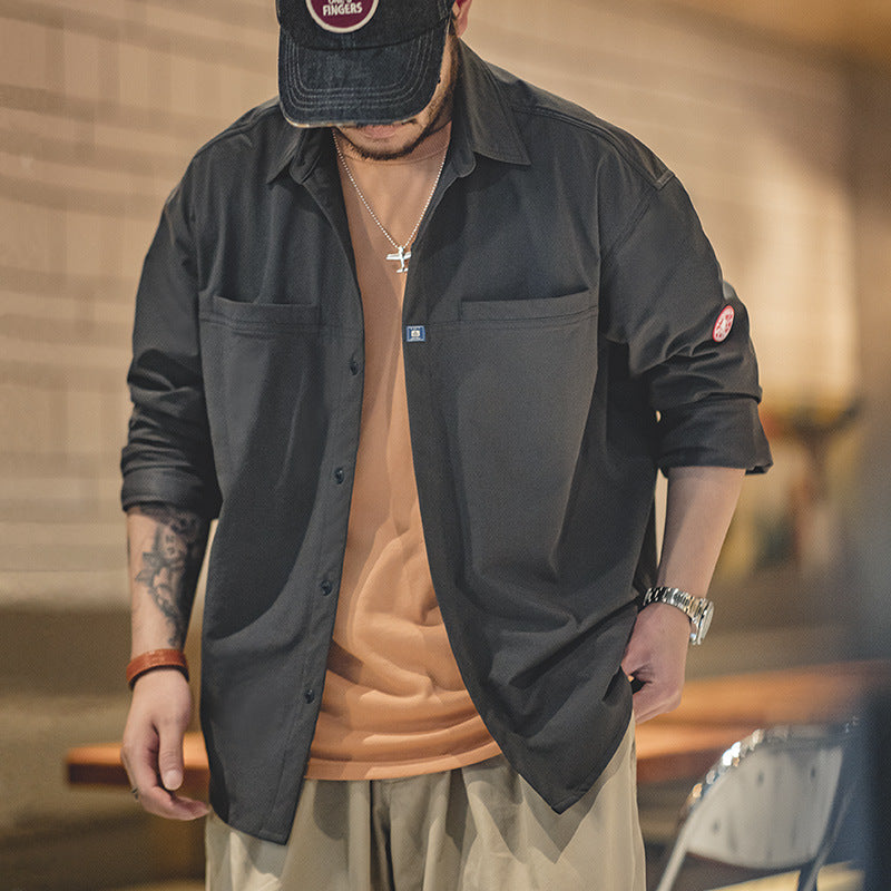 山系深灰口袋襯衫美式休閑寬松長袖襯衣疊穿外套