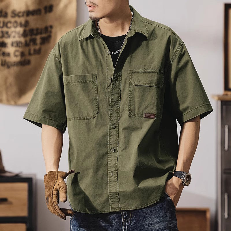 美式復古半袖工裝襯衣夏季戶外硬漢純棉休閑上衣