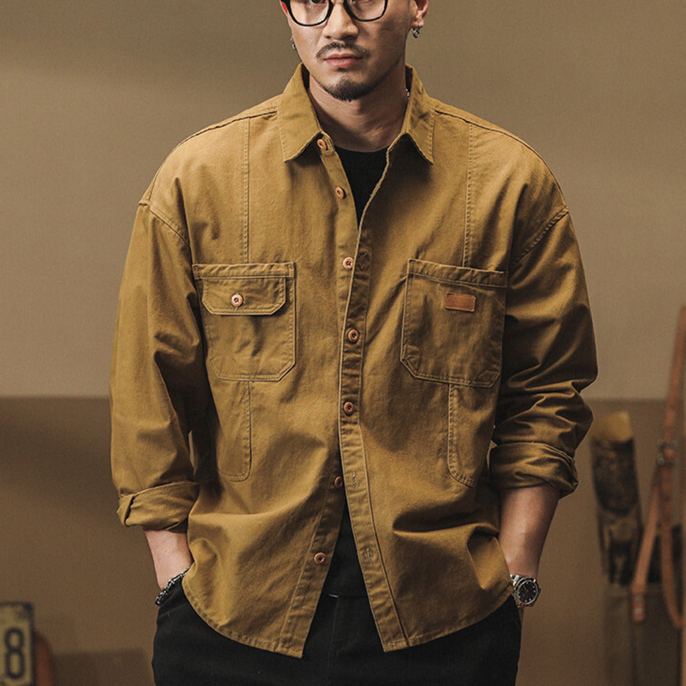 美式復古長袖襯衫春秋季款純棉休閑工裝襯衣外套