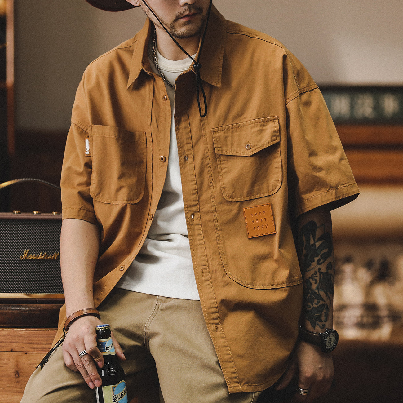 美式復古工裝短袖純棉潮牌寬松大碼五分袖休閑襯衣