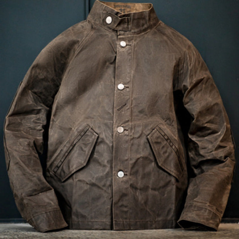 美式復古立領帆布油蠟夾克阿美咔叽硬漢防水獵裝外套